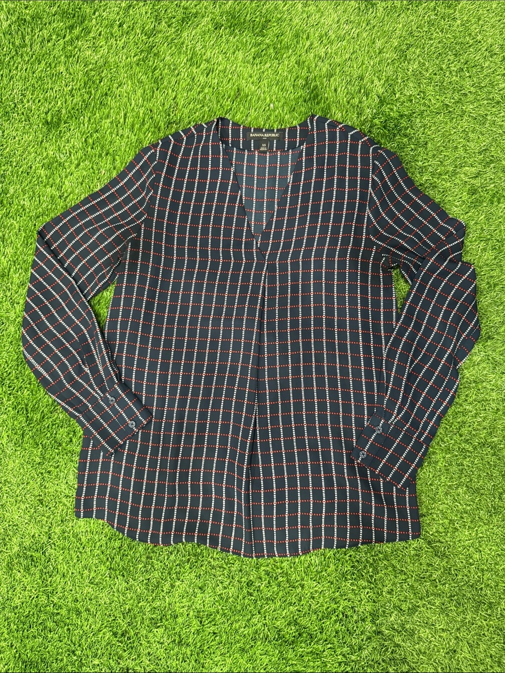 Women’s Blouse Navy Grid-Print Long Sleeve V-Neck Top